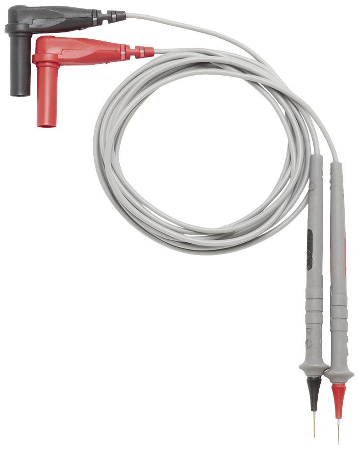 Un câble de mesure gris avec des pointes de test rouges et noires, utilisées pour des mesures électriques.