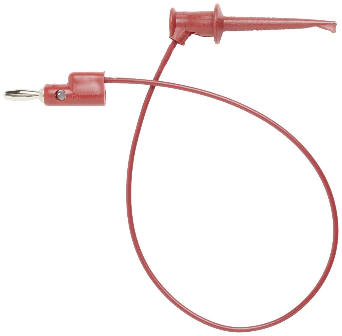 Un outil de test électrique rouge avec une pince crocodile à une extrémité et une pointe métallique à l'autre, reliés par un câble.