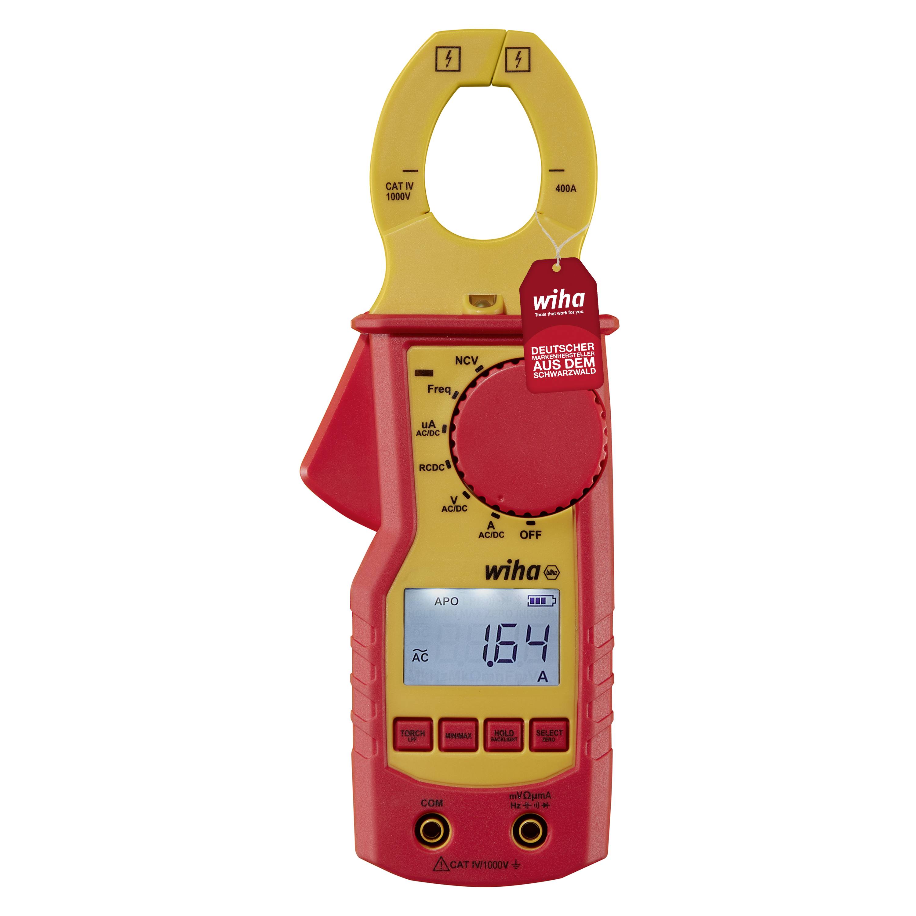 Un multimètre numérique rouge avec un capteur jaune affiche une valeur de mesure de 154 sur l'écran.