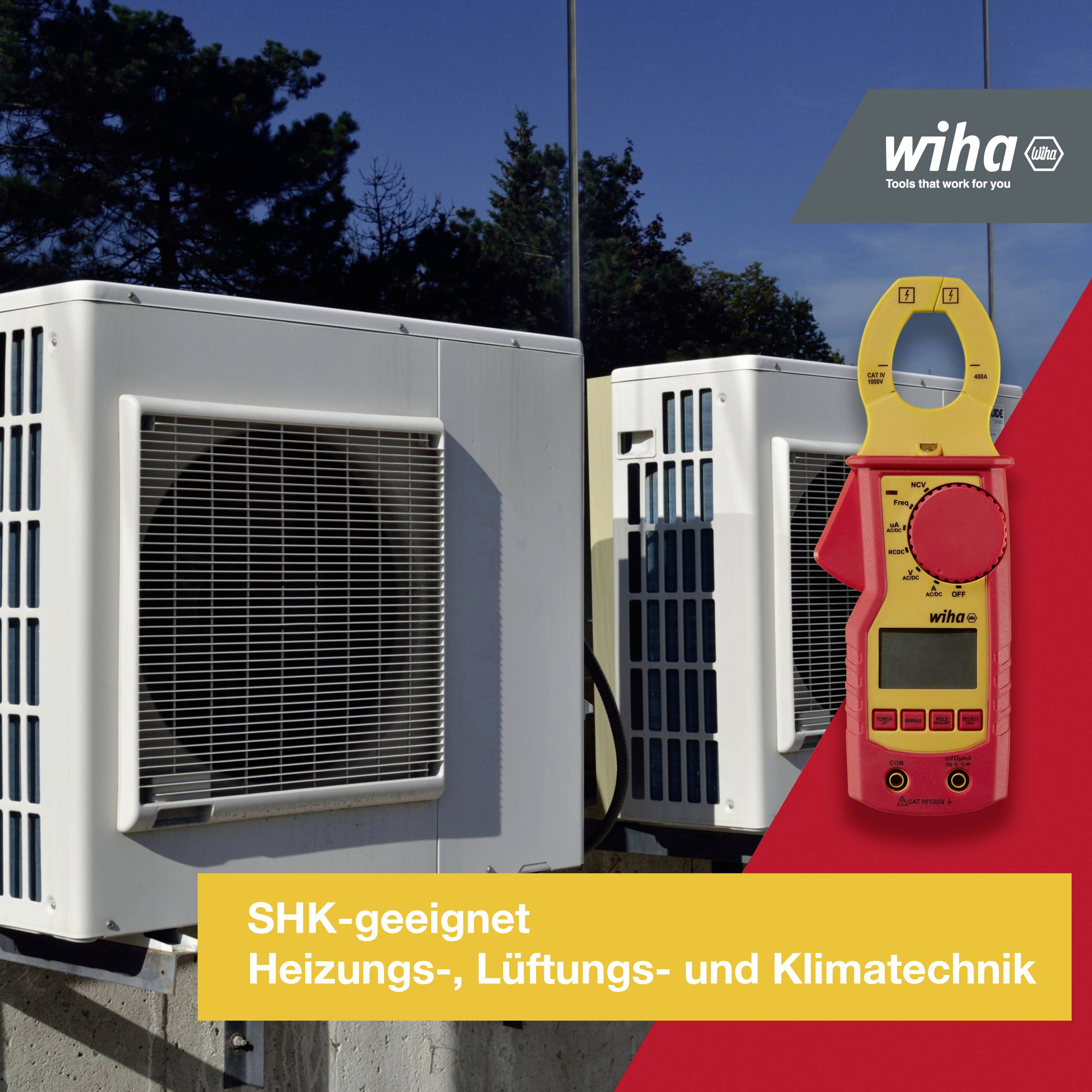 Appareils de climatisation extérieurs avec un appareil de mesure au premier plan. Texte : 'Adapté SHK Technique de chauffage, ventilation et climatisation.' Logo Wiha en haut à droite.