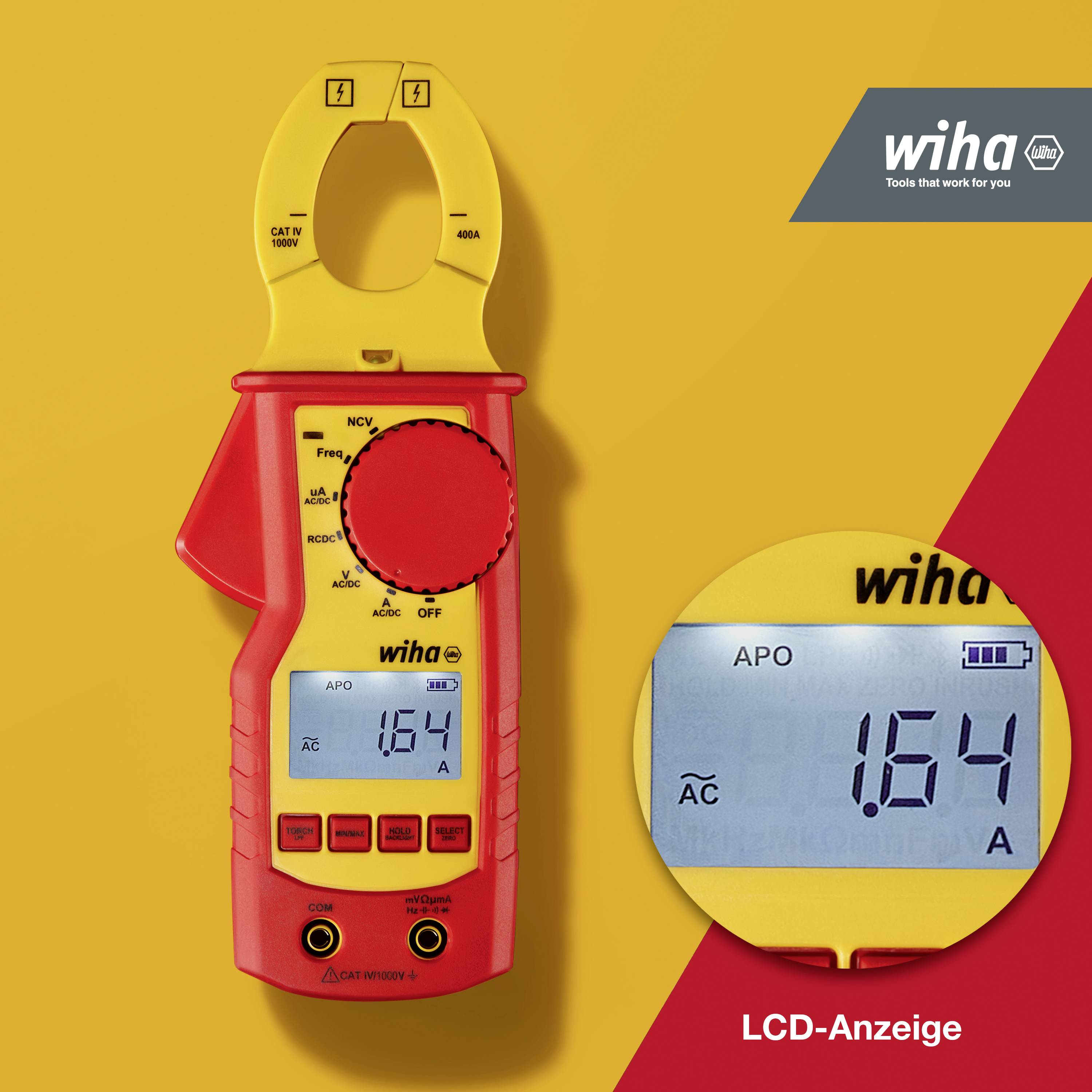 Un multimètre à pince rouge avec une poignée jaune mesure un courant alternatif de 1,64 ampères. Sur le côté droit, un gros plan de l'affichage LCD indiquant '1,64 A'.