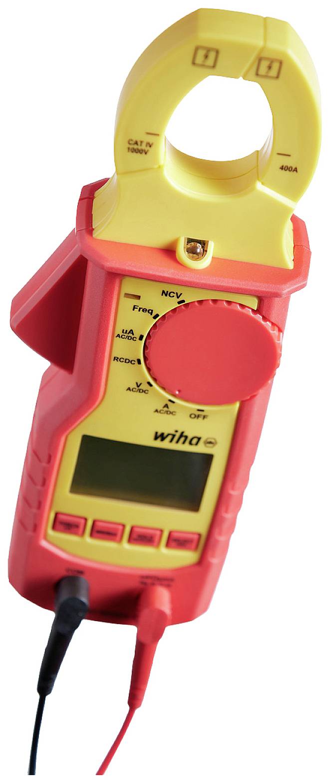 Un multimètre numérique rouge et jaune avec des pinces ampèremétriques, un écran et un bouton rotatif. Utilisé pour les mesures électriques.