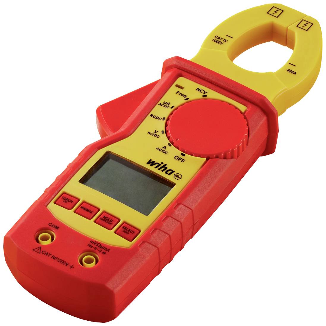 Un multimètre numérique à pince en rouge et jaune avec écran et touches de fonction. Il mesure les intensités électriques jusqu'à 600 A.