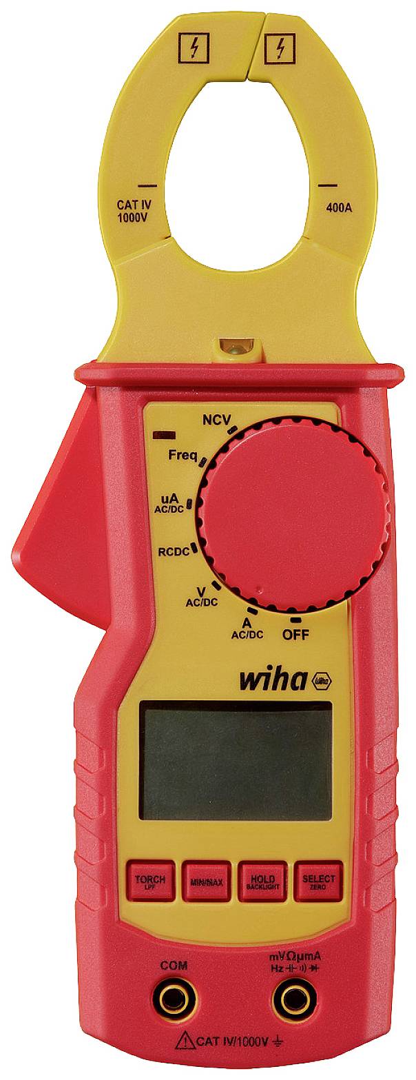 Un appareil de mesure de tension numérique avec des mâchoires jaunes et un boîtier rouge. Il est équipé d'un écran et de plusieurs boutons de réglage.