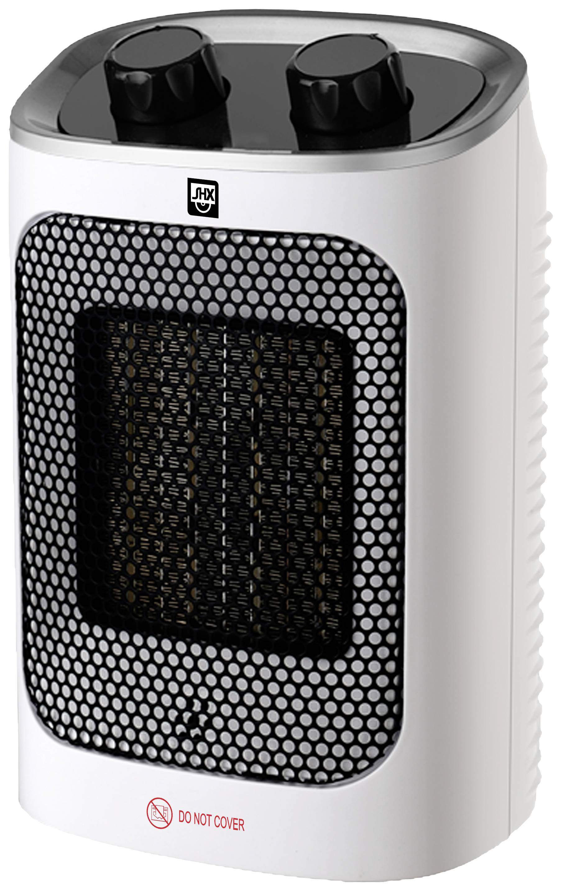 Chauffage d'appoint portable avec deux boutons rotatifs en haut et un avertissement 'Ne pas couvrir' en bas.