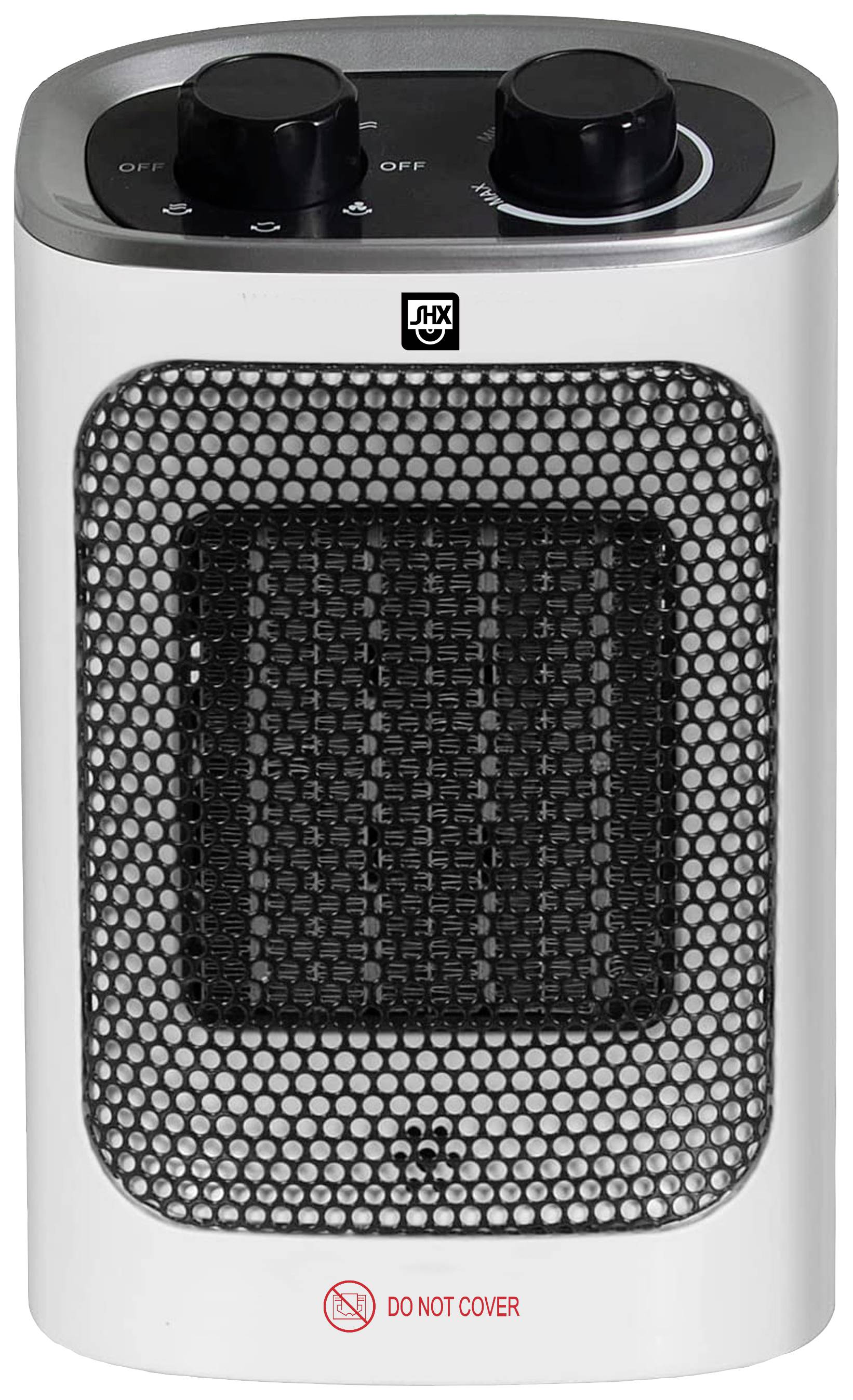 Un radiateur céramique portable avec deux boutons rotatifs pour le réglage de la température et une grille de ventilation. Avertissement : 'NE PAS COUVRIR'.