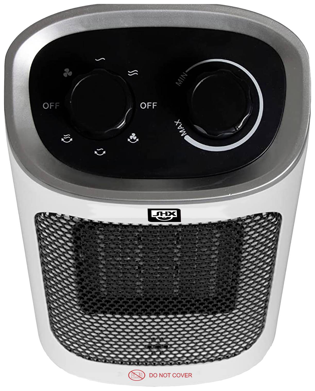 Un ventilateur chauffant électrique compact doté de deux boutons rotatifs pour régler la chaleur et le ventilateur, avec une grille à l'avant.