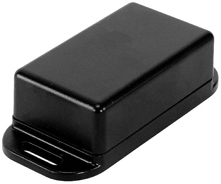 Un petit boîtier rectangulaire noir en plastique aux bords arrondis, servant de conteneur pour des composants électroniques.