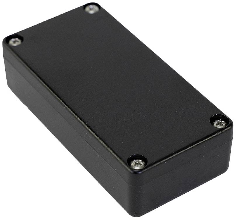 Boîtier en plastique noir rectangulaire, muni de quatre vis aux angles, adapté pour les composants électroniques.