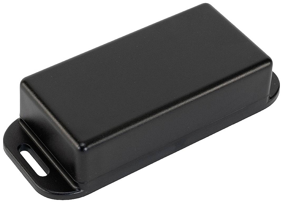 Boîtier en plastique noir, rectangulaire, plat avec des coins arrondis et une languette sur un côté.