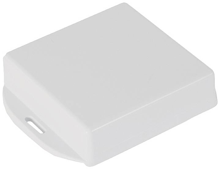 Un boîtier carré en plastique blanc aux coins arrondis. Il semble s'agir d'un petit récipient plat ou d'un couvercle.