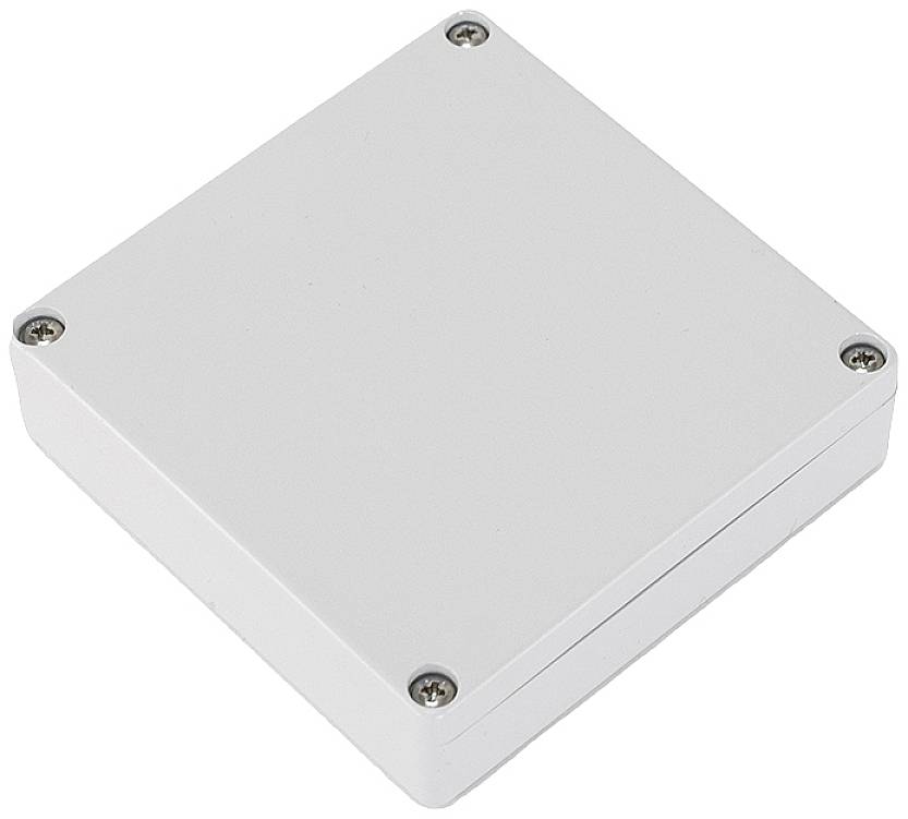 Boîte rectangulaire blanche en plastique avec quatre vis visibles aux coins.