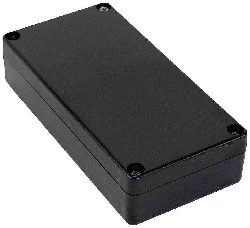 Boîtier noir rectangulaire en plastique, muni de quatre vis à ses angles. Adapté pour la protection de composants électroniques.