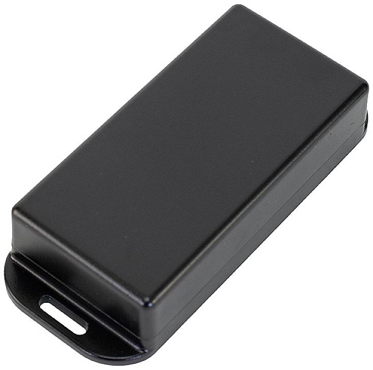 Un boîtier rectangulaire en plastique noir aux coins arrondis, avec une petite fente à l'une de ses extrémités.