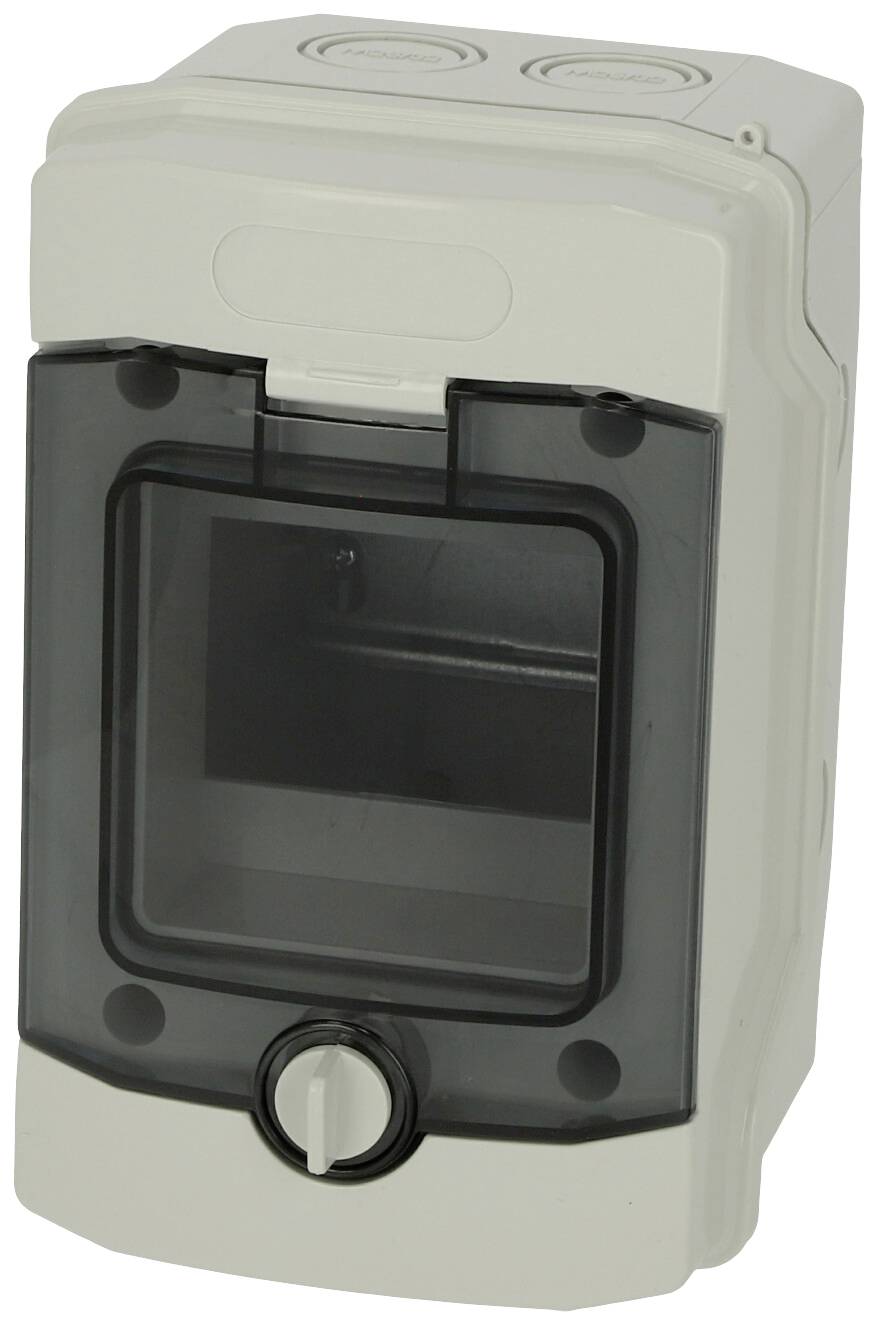 Un boîtier en plastique gris avec un couvercle sombre et transparent, et un bouton rotatif sur la face inférieure, probablement un coffret de fusibles.