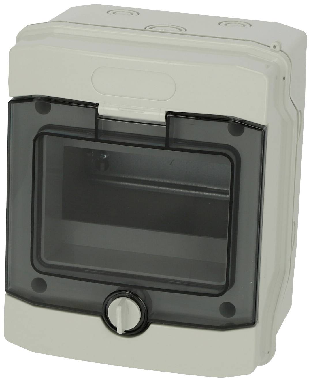 Boîtier en plastique gris pour équipement électrique avec fenêtre transparente et fermeture tournante sur l'avant.
