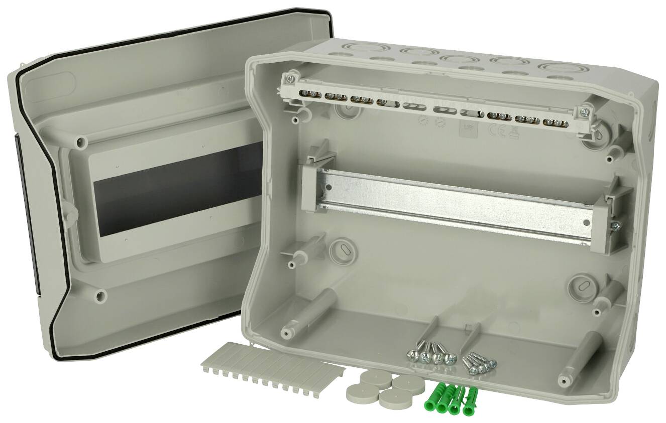 Boîtier gris ouvert avec plusieurs possibilités de connexion, vis, chevilles vertes et petits capots ; adapté pour les installations électriques.