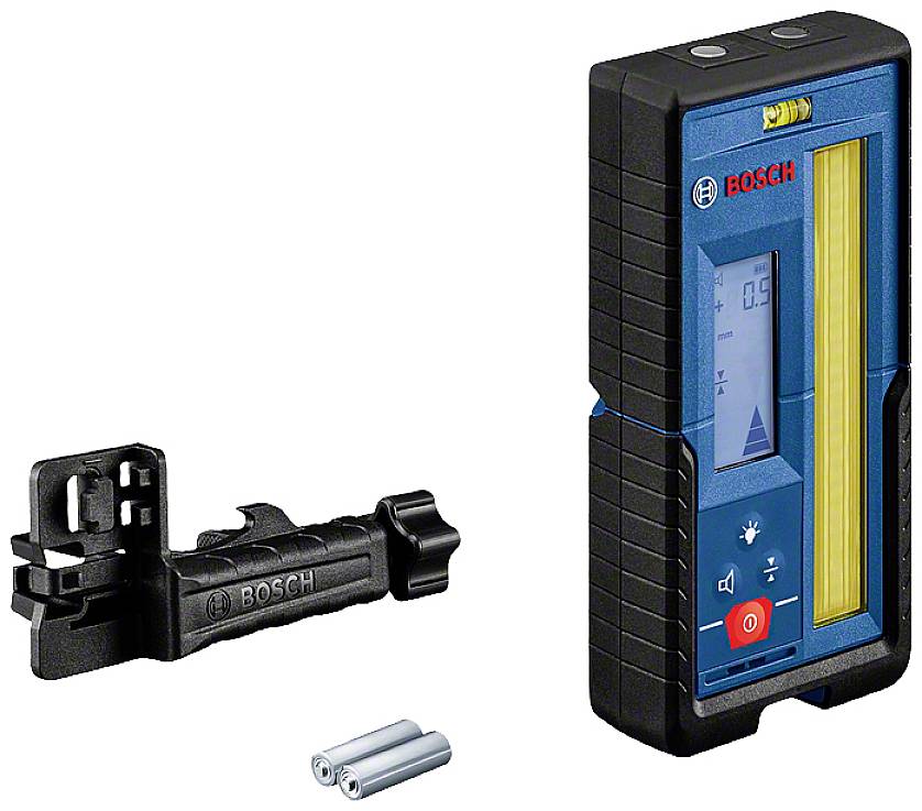 Télémètre laser Bosch avec support et deux batteries. L'appareil affiche les valeurs de mesure sur un écran numérique.