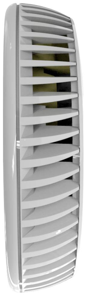 Un haut-parleur blanc oval à lamelles verticales ; vue de côté.