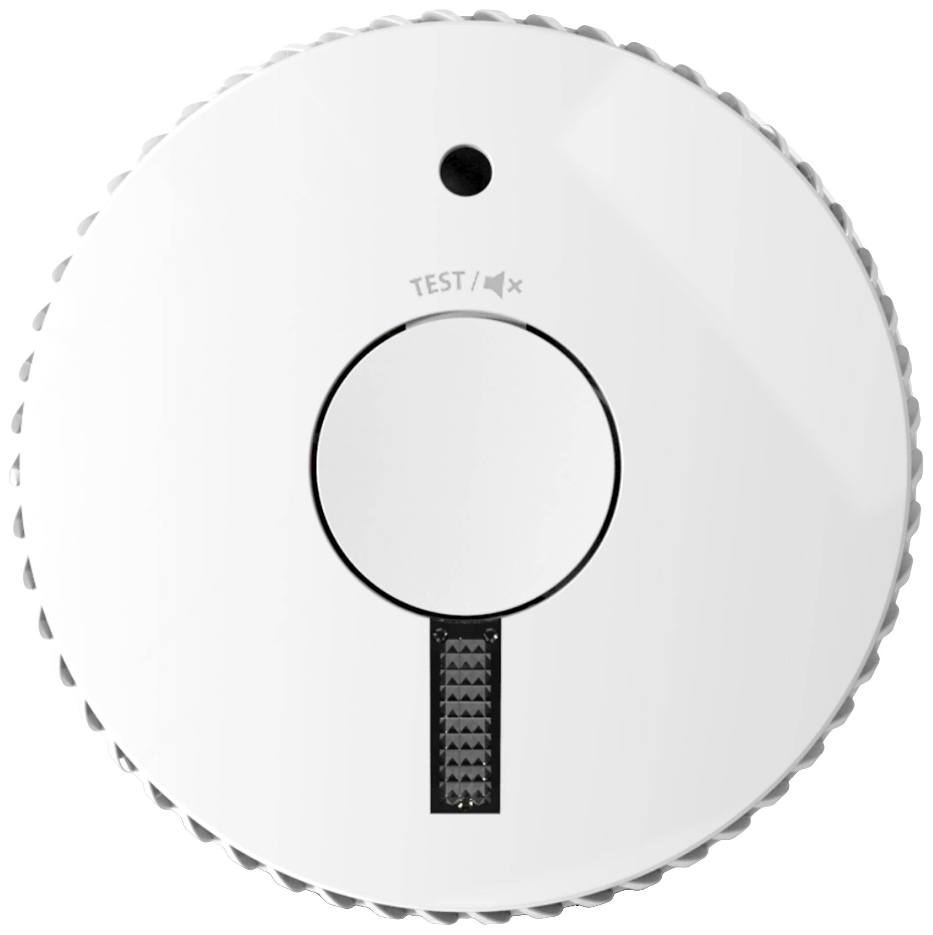Détecteur de fumée rond avec bouton central et fonction de test/silence, adapté pour une installation murale ou plafonnière à l'intérieur.
