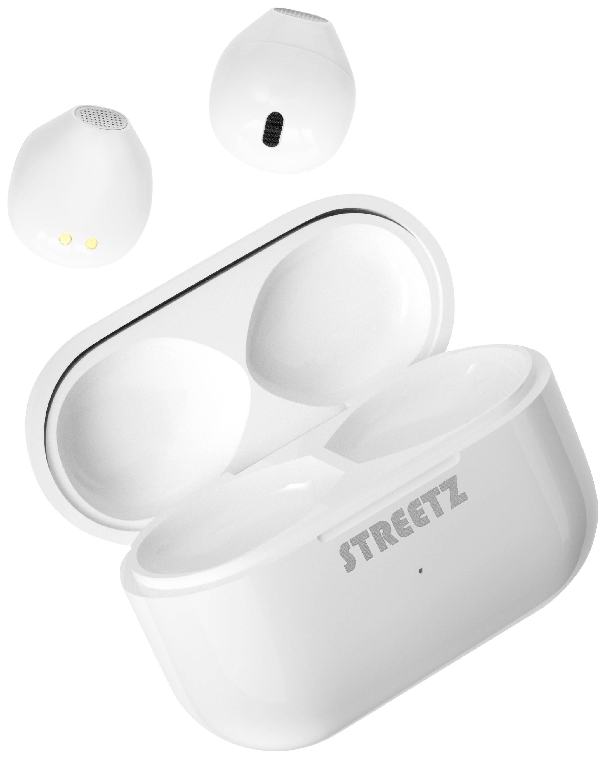 STREETZ TWS-114 Oreillette Bluetooth Stereo blanc Affichage de la charge de la batterie, micro-casque, boîtier de charge, volume