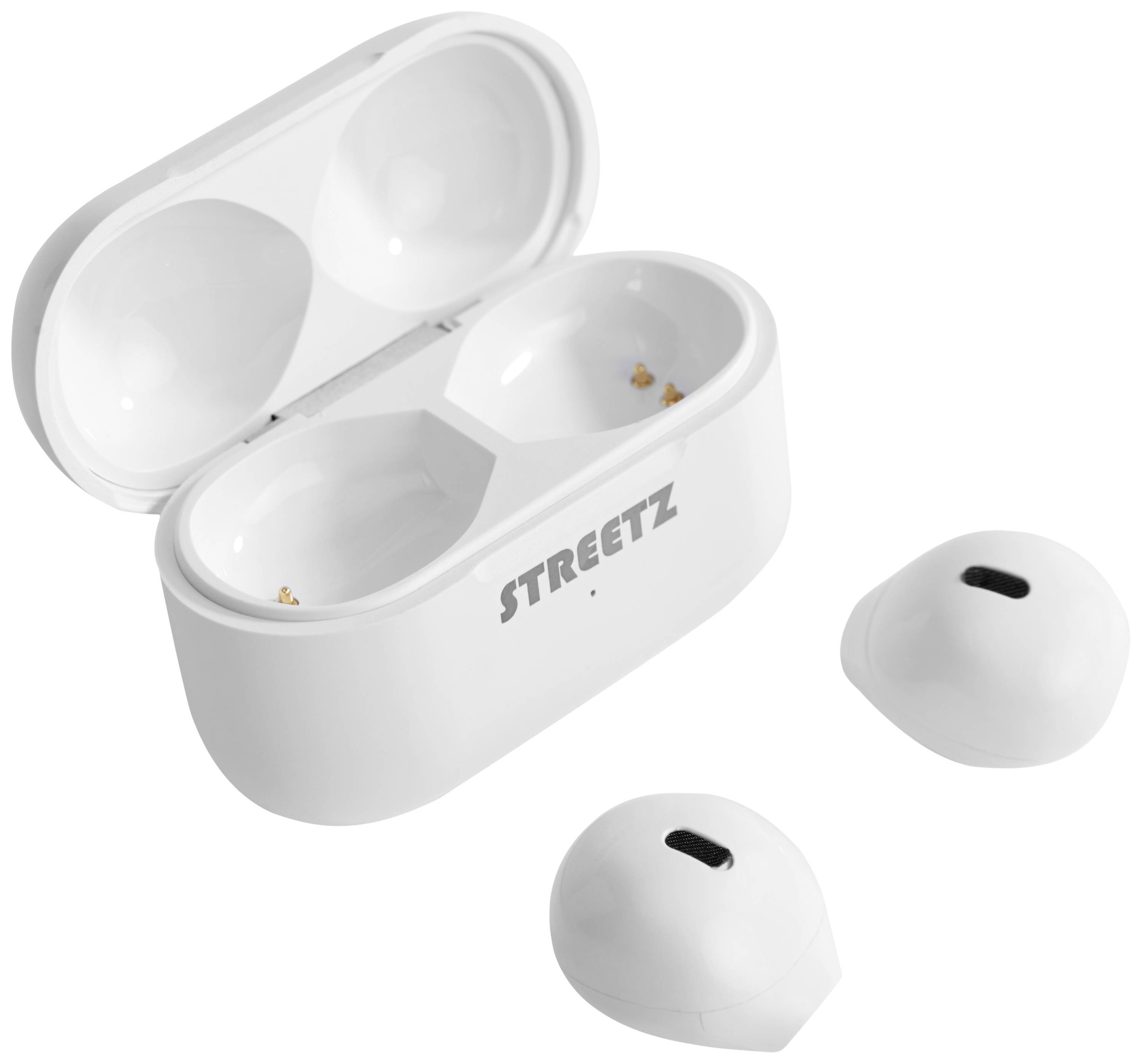 STREETZ TWS-114 Oreillette Bluetooth Stereo blanc Affichage de la charge de la batterie, micro-casque, boîtier de charge, volume