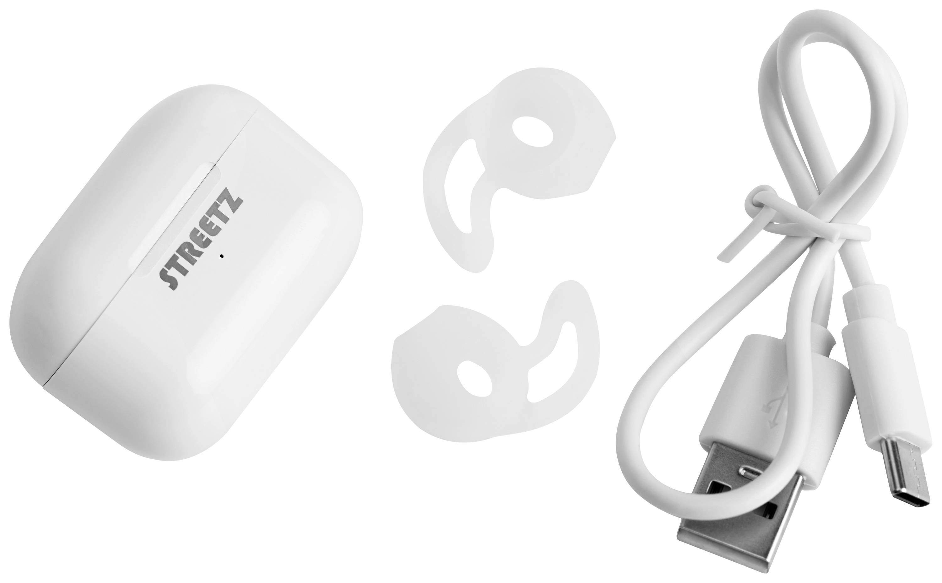 STREETZ TWS-114 Oreillette Bluetooth Stereo blanc Affichage de la charge de la batterie, micro-casque, boîtier de charge, volume