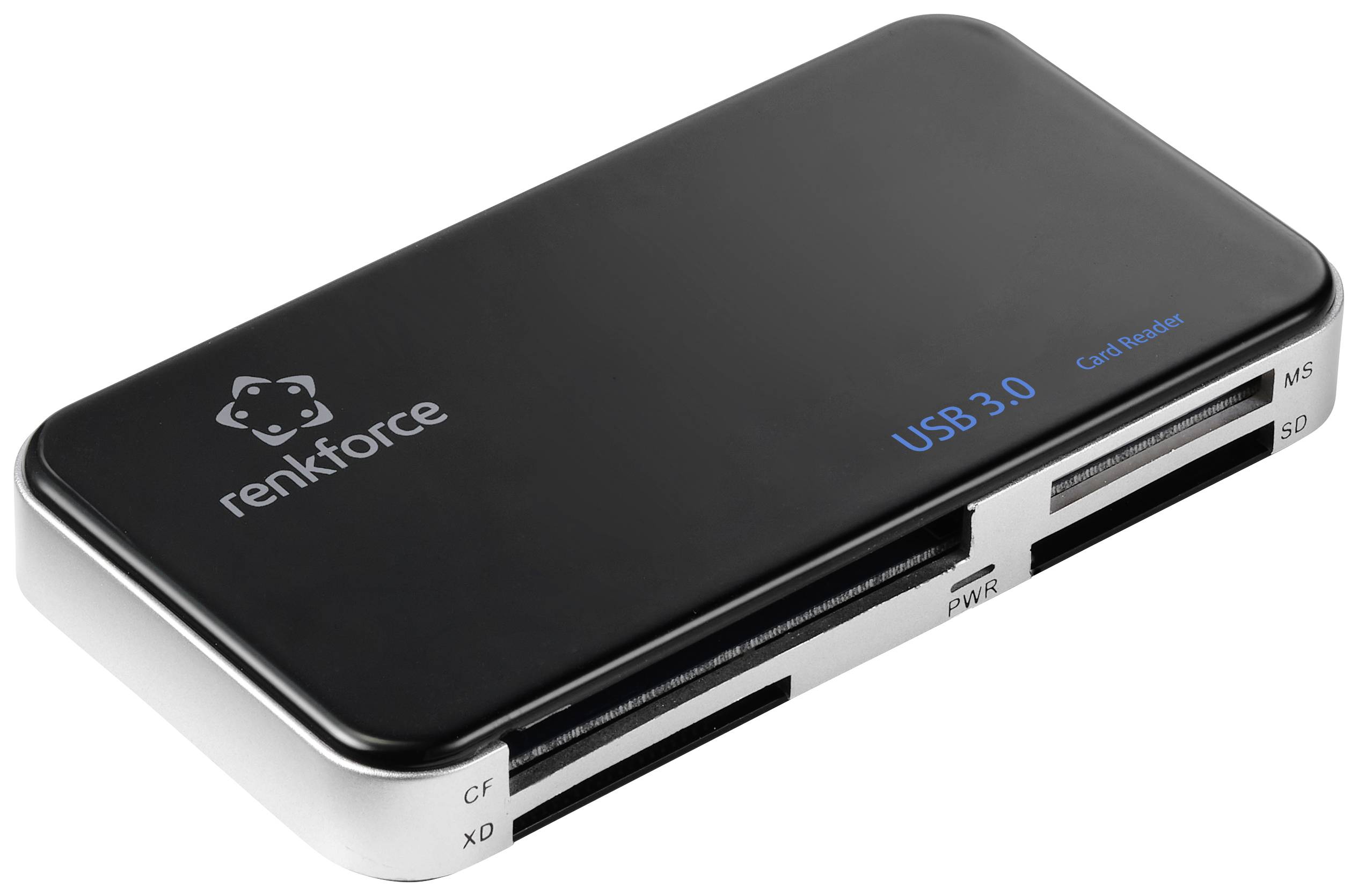 Un lecteur de cartes USB 3.0 noir de Renkforce avec plusieurs emplacements pour différents formats de cartes comme CF, SD et plus encore.
