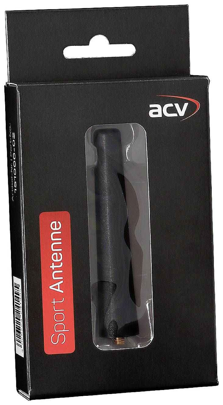 Emballage noire avec une façade transparente montrant une 'Antenne Sport' noire avec le logo de marque 'acv' en haut à droite.