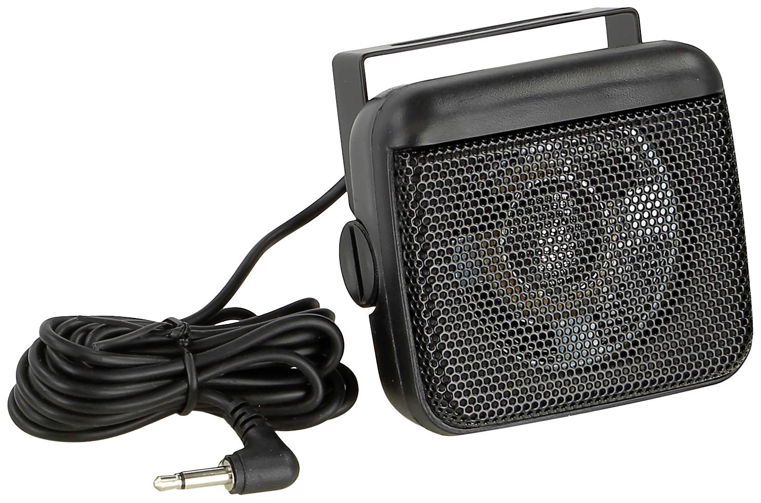 Petit haut-parleur noir avec câble d'alimentation et jack stéréo de 3,5 mm, adapté aux appareils portables.