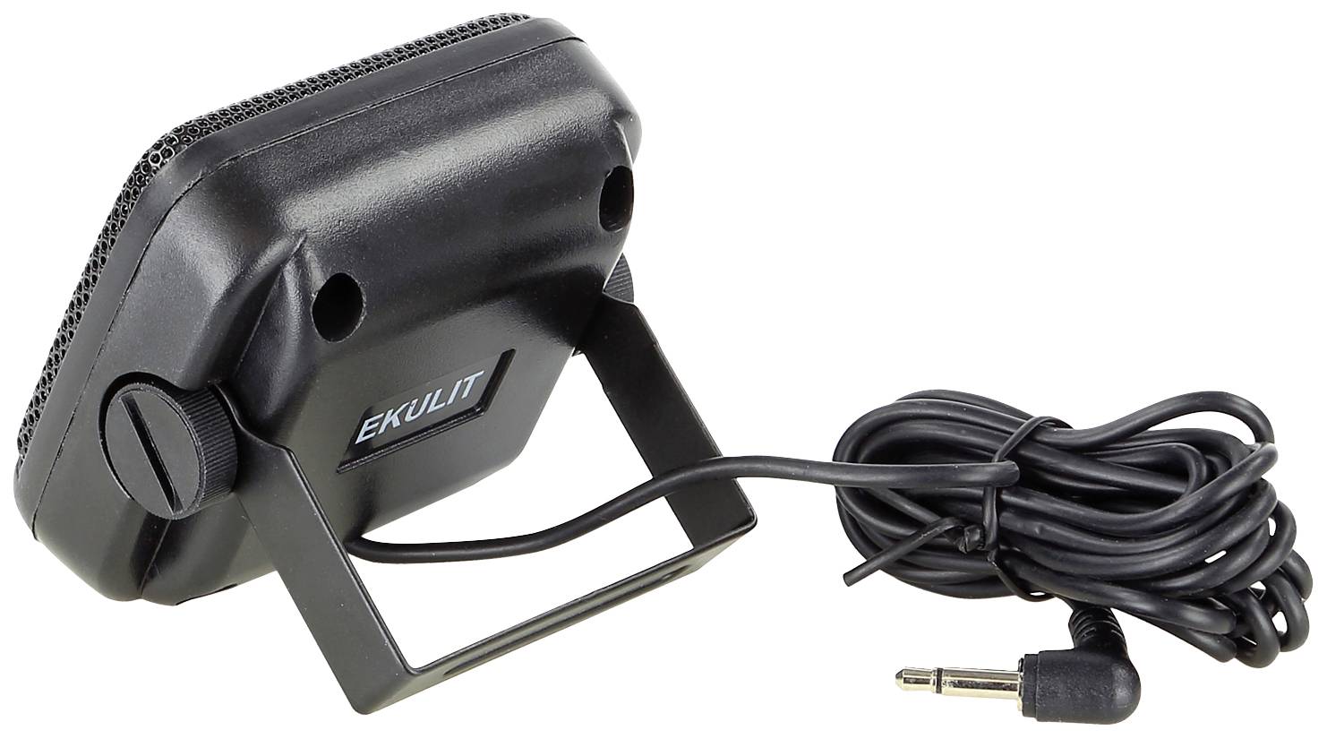 Haut-parleur noir avec support intégré et câble de connexion, adapté aux appareils audio mobiles et fixes.