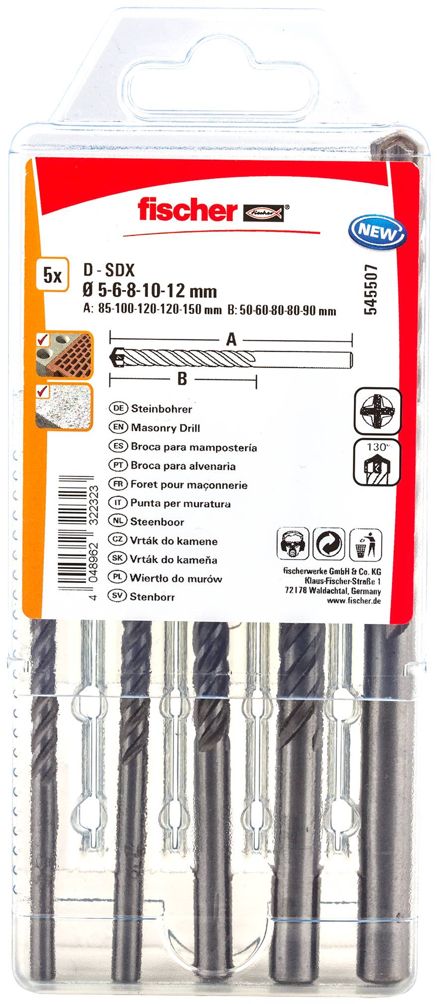 Paquet de 5 forets de maçonnerie Fischer D-SDX, tailles 6-10-12 mm, présenté dans un emballage blister en plastique transparent.
