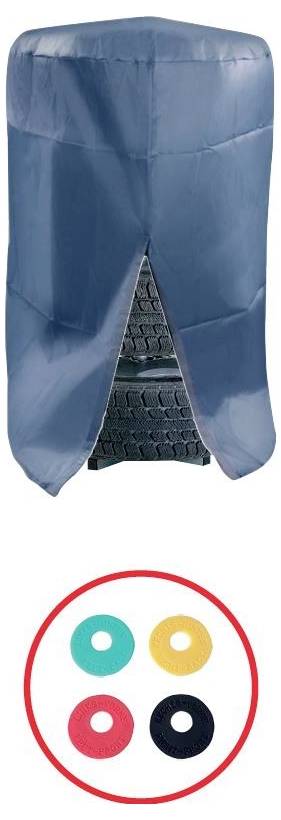 Une pile de pneus recouverte d'une bâche bleue. En dessous, une icône circulaire affiche quatre anneaux de couleurs : bleu-vert, rouge, noir et jaune.