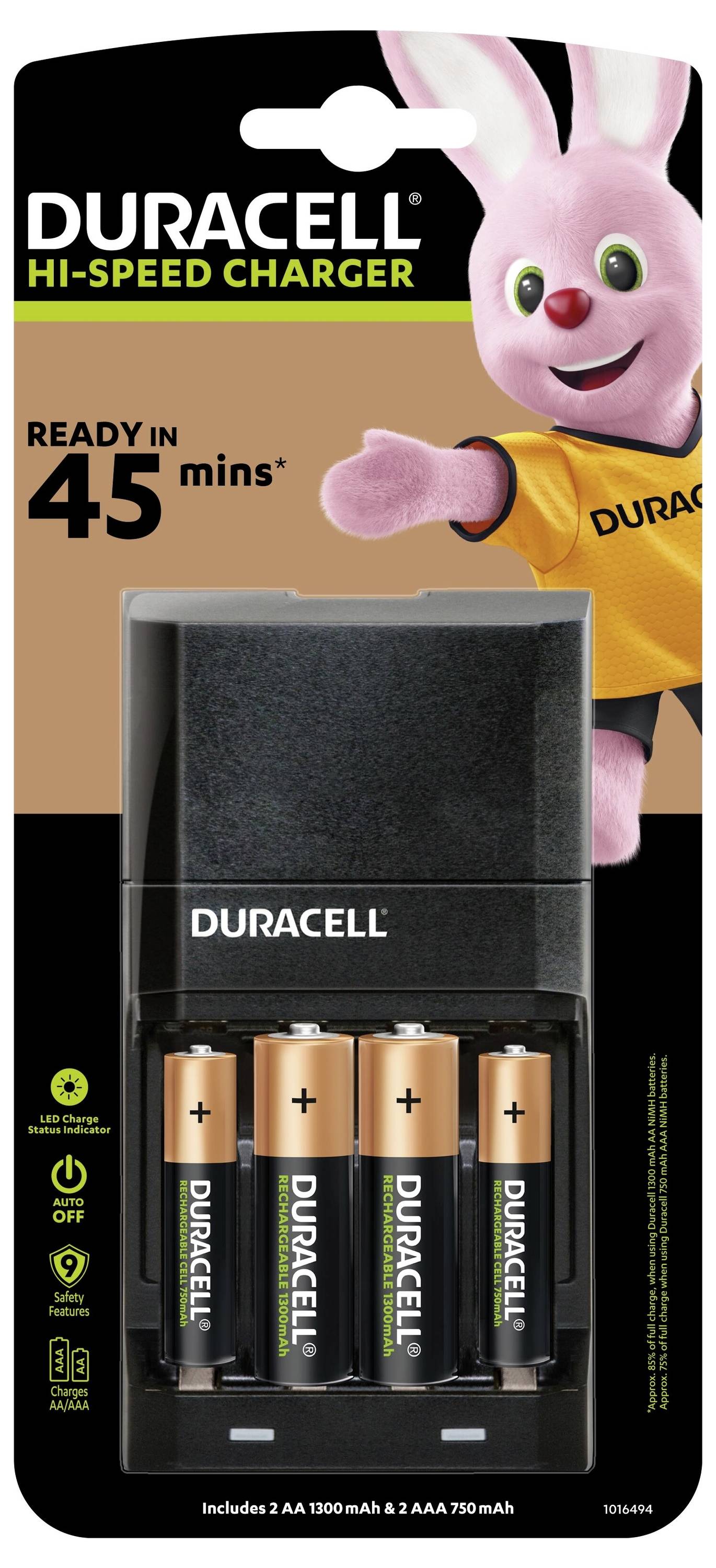 Paquet chargeur Duracell Hi-Speed avec batteries. Comprend 2 piles AA et 2 piles AAA. Temps de charge indiqué comme « Prêt en 45 minutes ».