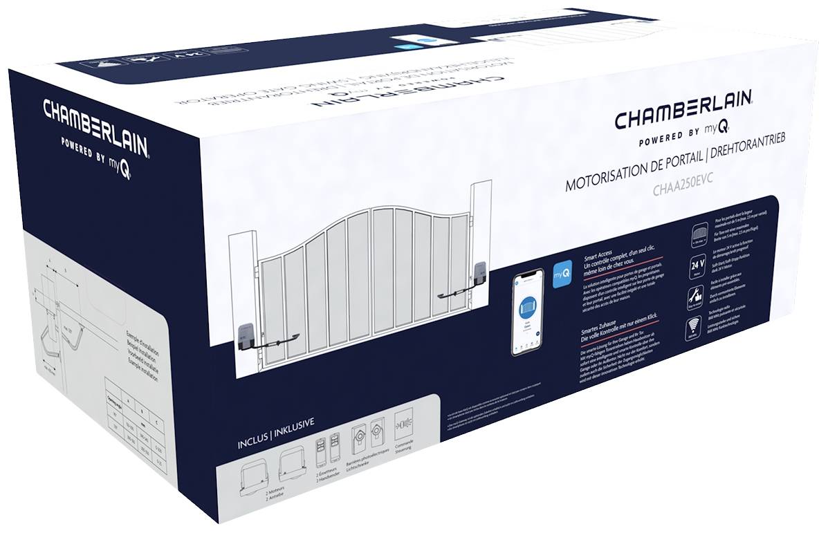 Emballage d'une commande automatique de porte de la marque Chamberlain, avec des illustrations du produit et d'un smartphone sur la face avant.