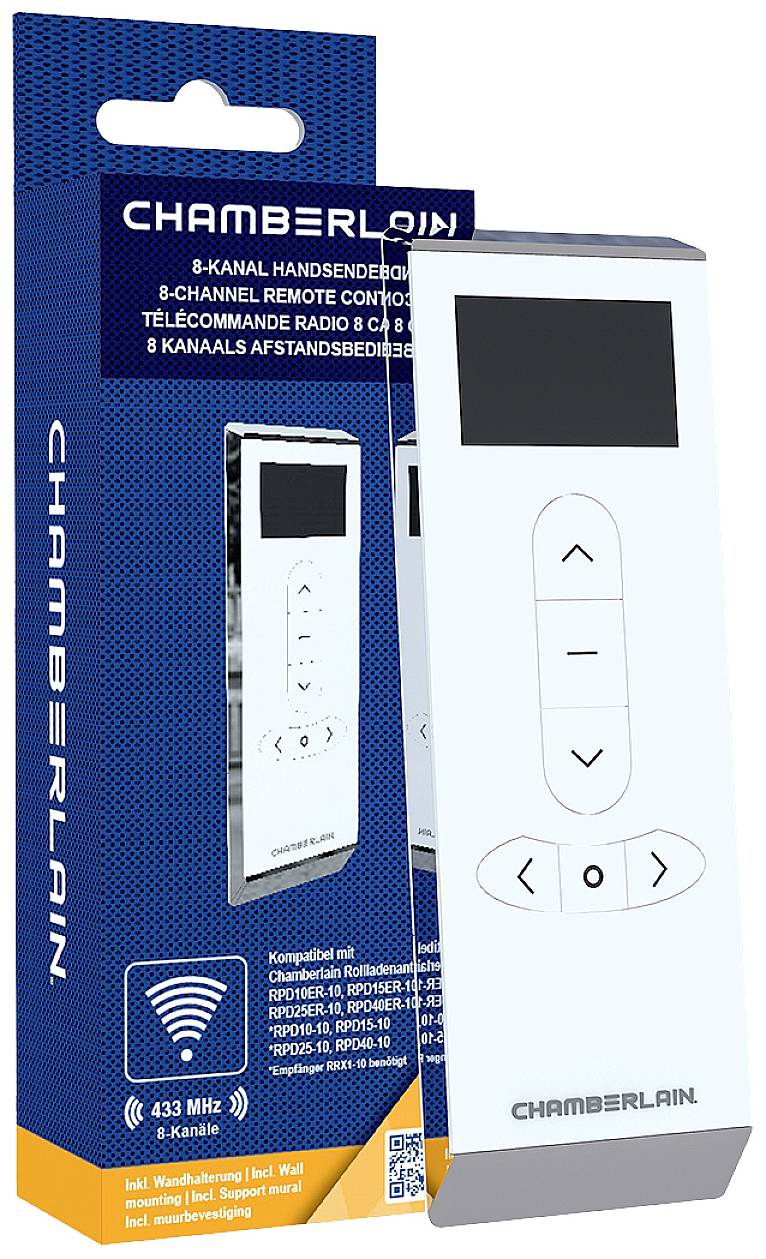 Télécommande Chamberlain à 8 canaux, adaptée pour la commande de portail de garage. L'emballage présente l'image du produit et les détails techniques.