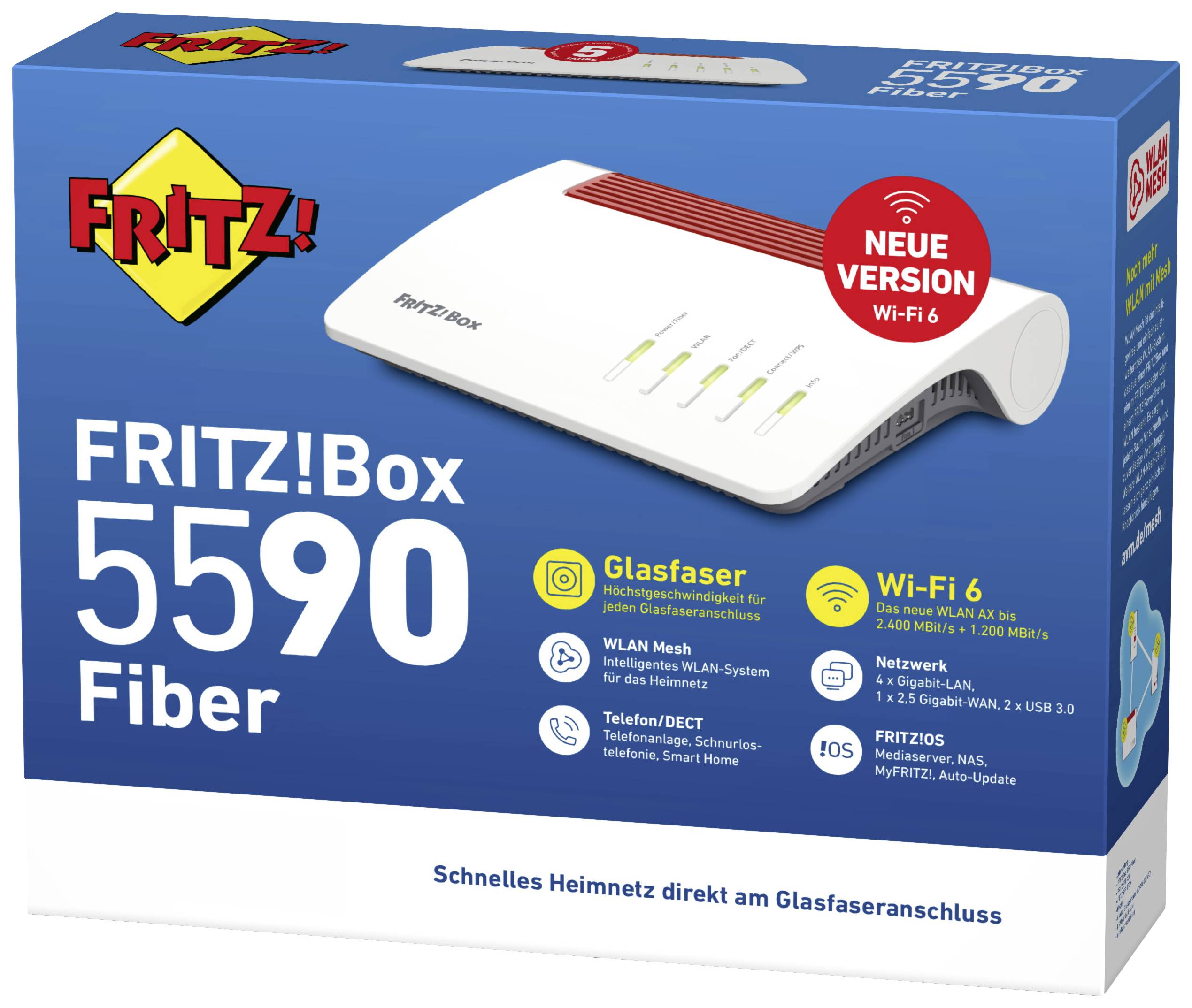 Emballage d'un FRITZ!Box 5590 Fiber. Met en avant la compatibilité Fibre, le Wi-Fi 6 et les fonctionnalités de réseau domestique. Comprend une image du dispositif.