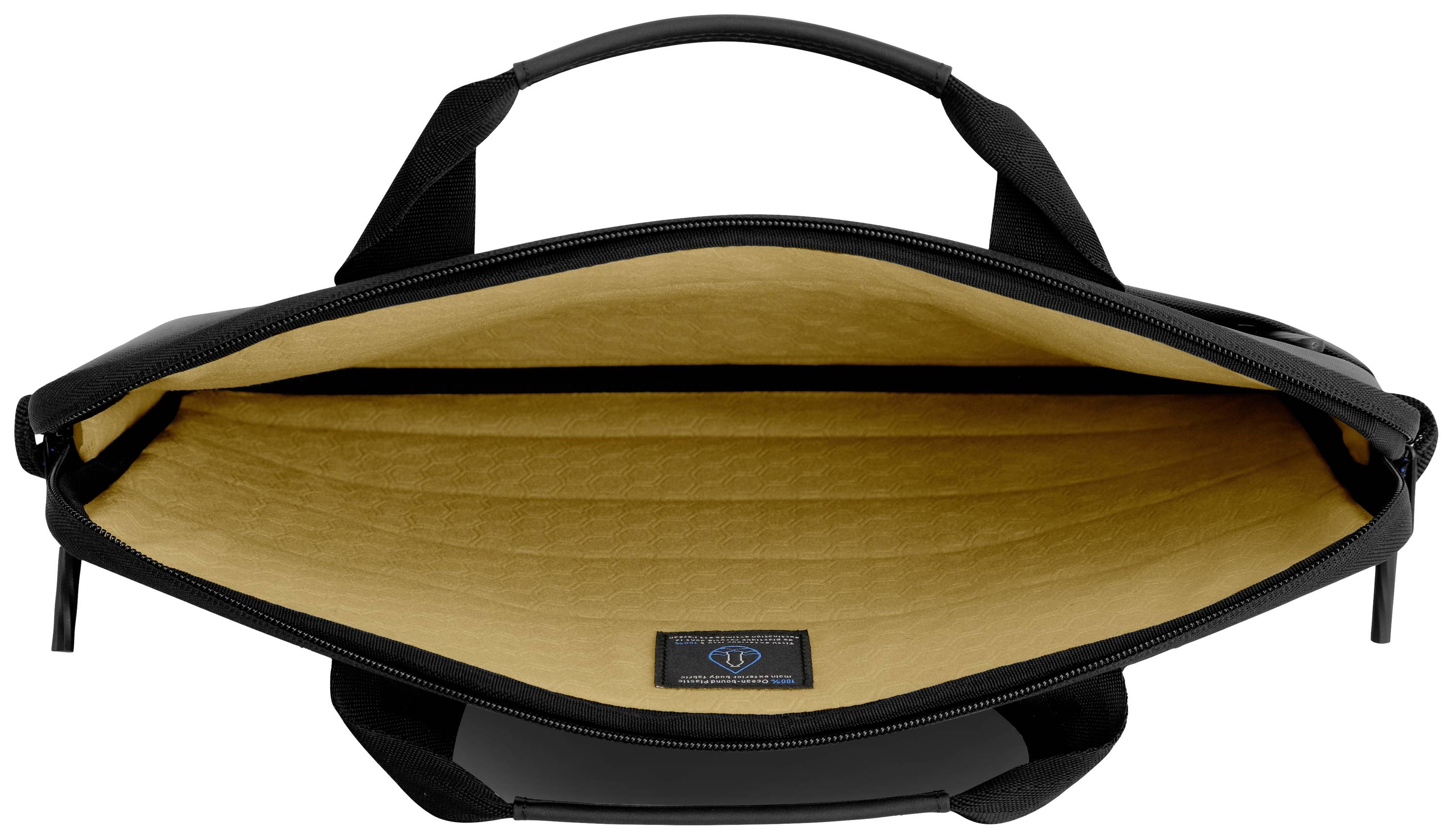 Sac noir ouvert avec doublure intérieure beige, fermeture à glissière visible et poignées de transport, adapté aux ordinateurs portables ou aux documents.