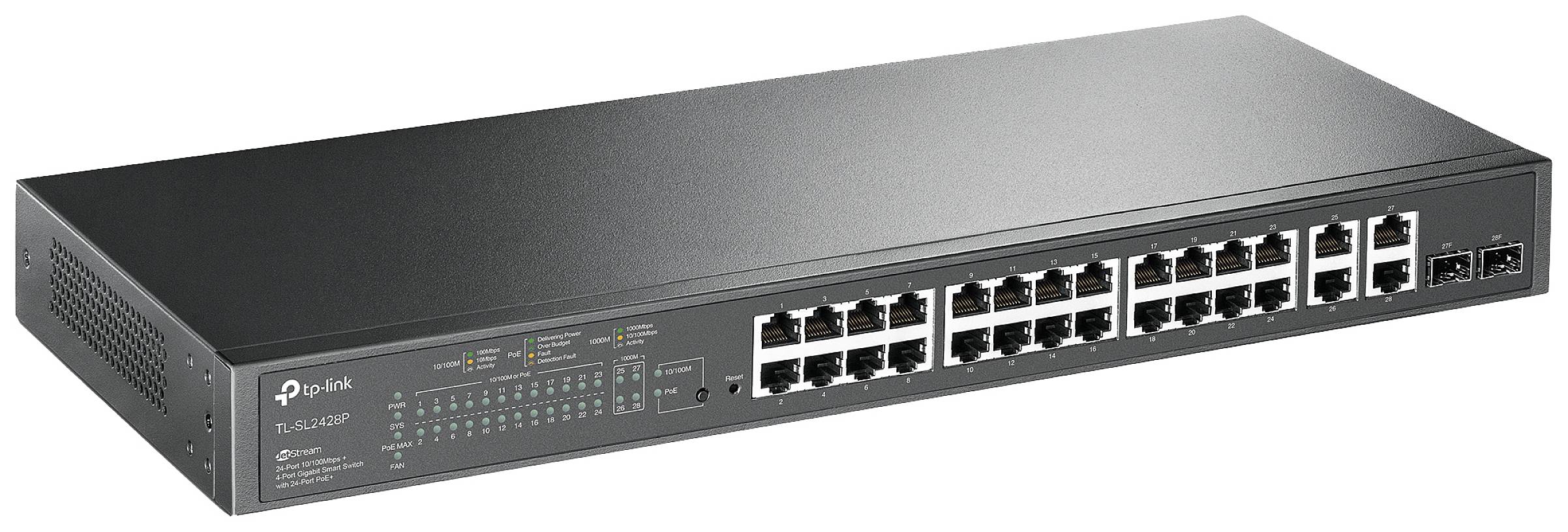 Un commutateur réseau avec 24 ports Ethernet et plusieurs voyants LED pour surveiller l'état. Appareil permettant de connecter plusieurs réseaux.