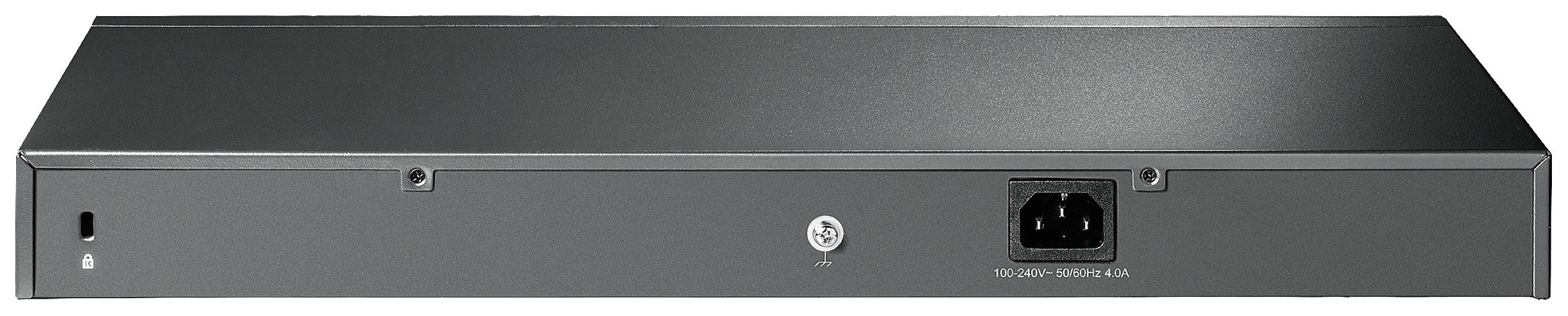 Face arrière d'un équipement réseau avec connexion d'alimentation et points de fixation, adapté pour un montage en rack.