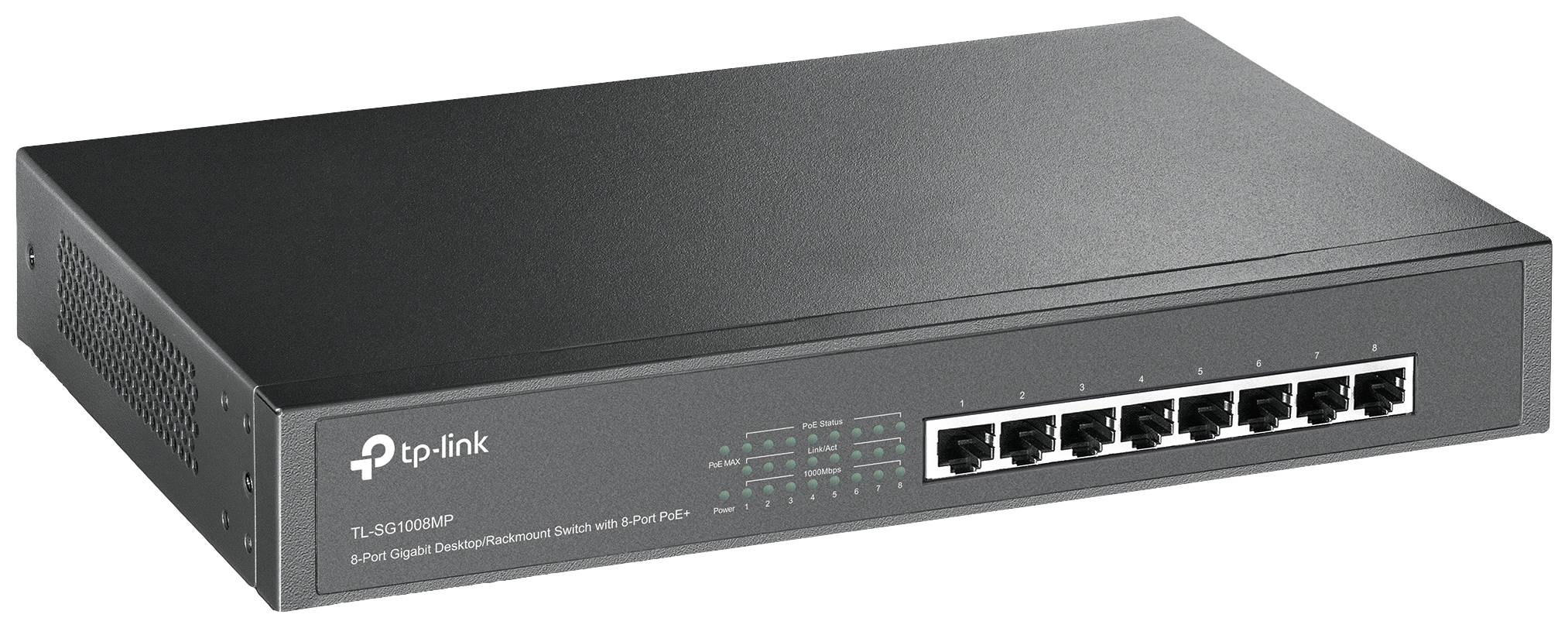 Switch Gigabit Ethernet noir à 8 ports de TP-Link pour les connexions réseau. Adapté pour une utilisation dans les réseaux domestiques ou de bureau.