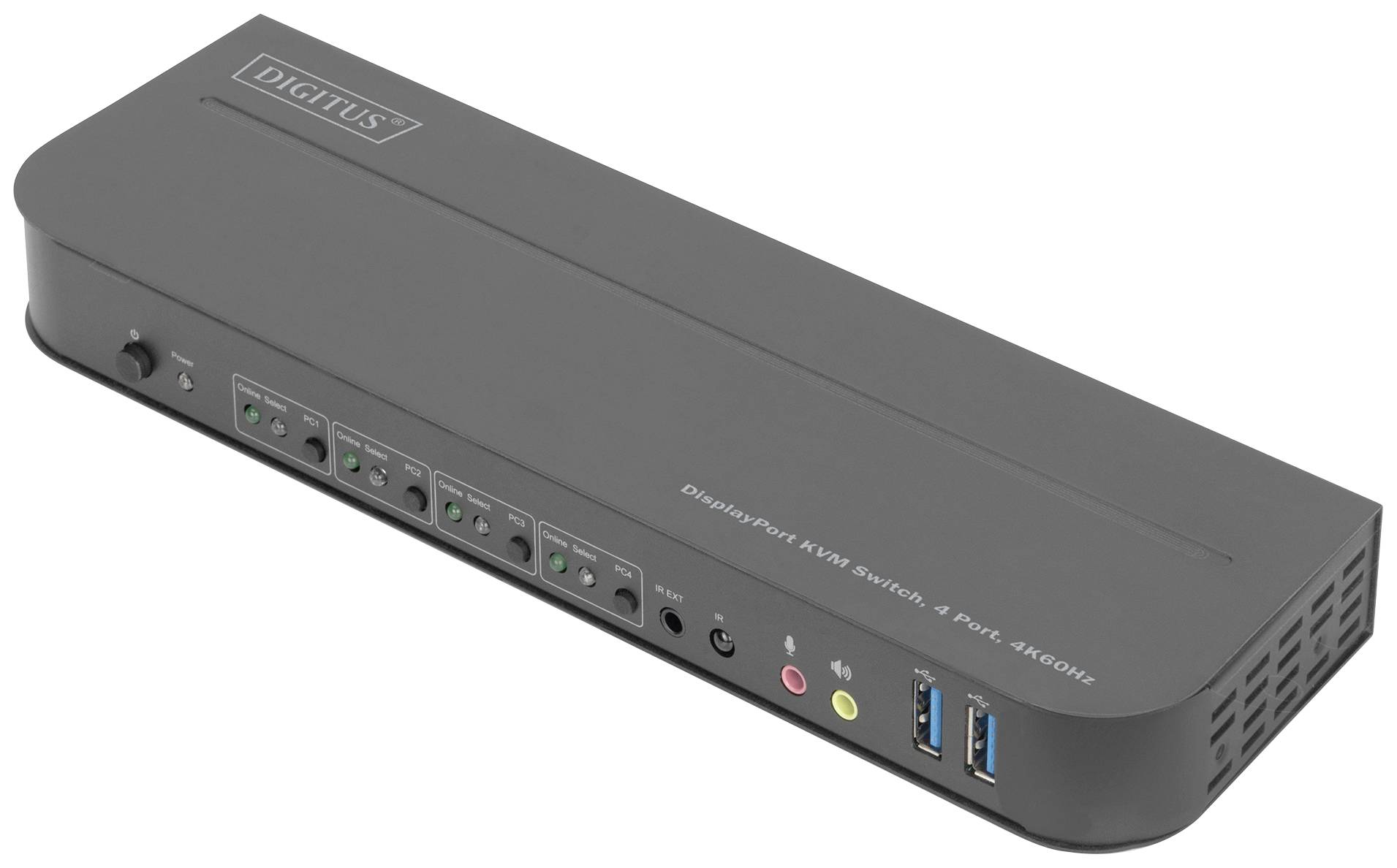 Commutateur KVM noir à plusieurs ports et boutons sur la façade, portant la marque 'Digitus', compatible DisplayPort.