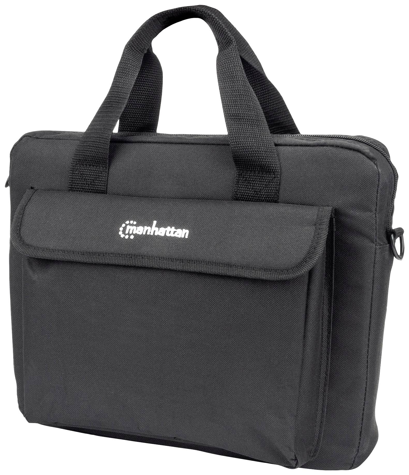 Sacoche d'ordinateur portable noire en tissu, munie de deux poignées et ornée d'un logo 'manhattan' brodé.