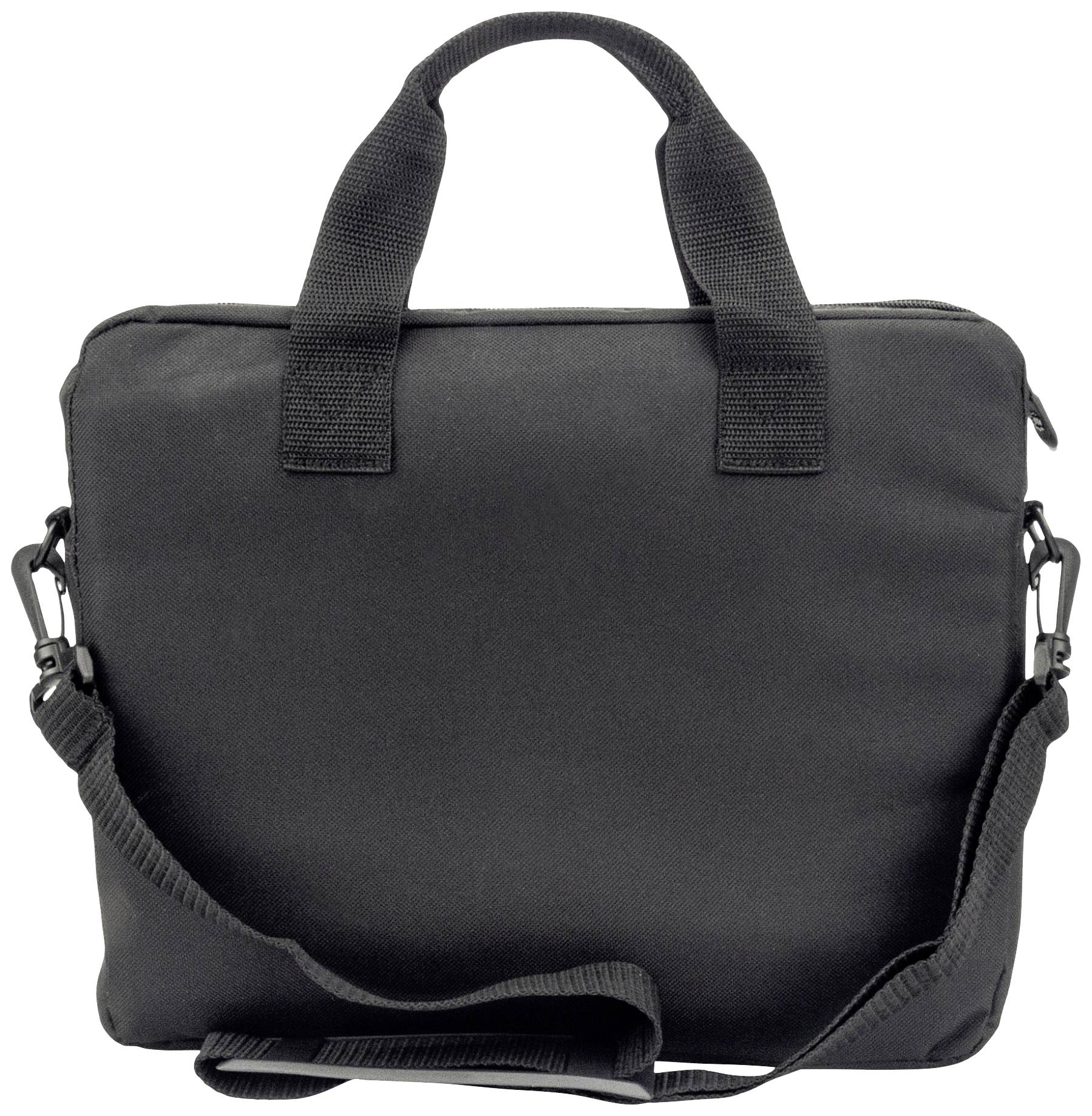 Un sac pour ordinateur portable en nylon noir avec poignées et bandoulière amovible, idéal pour le transport quotidien d'équipements de travail.