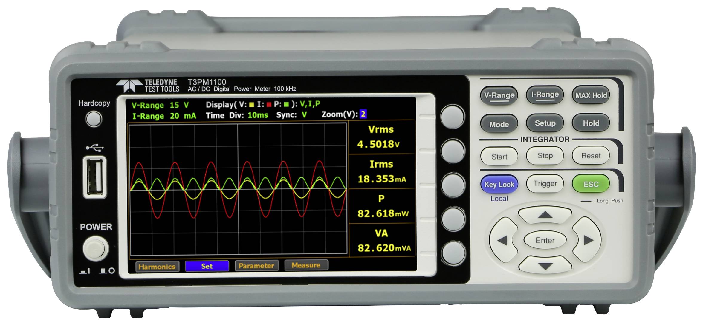 Un oscilloscope avec différentes formes d'ondes sur l'écran. Affiche des valeurs de tension et des fonctions de contrôle sur le côté droit.