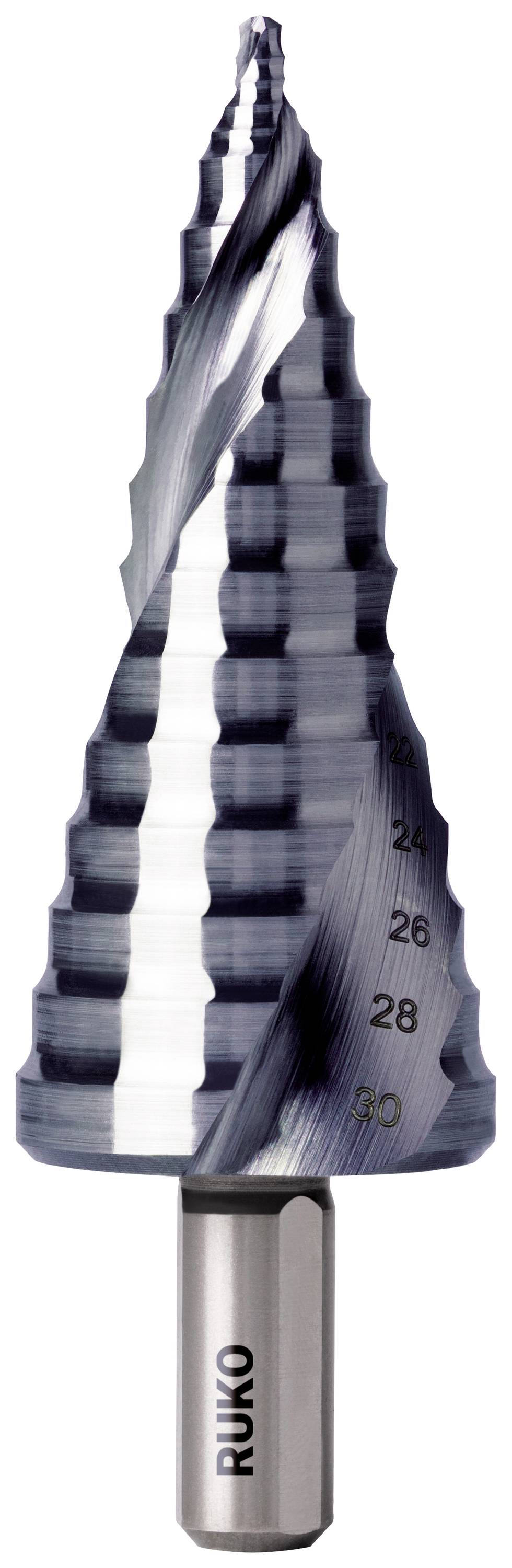 Un foret à étages en argent avec plusieurs tranchants pour différentes tailles de trous, portant la marque du fabricant 'RUKO' sur le mandrin.