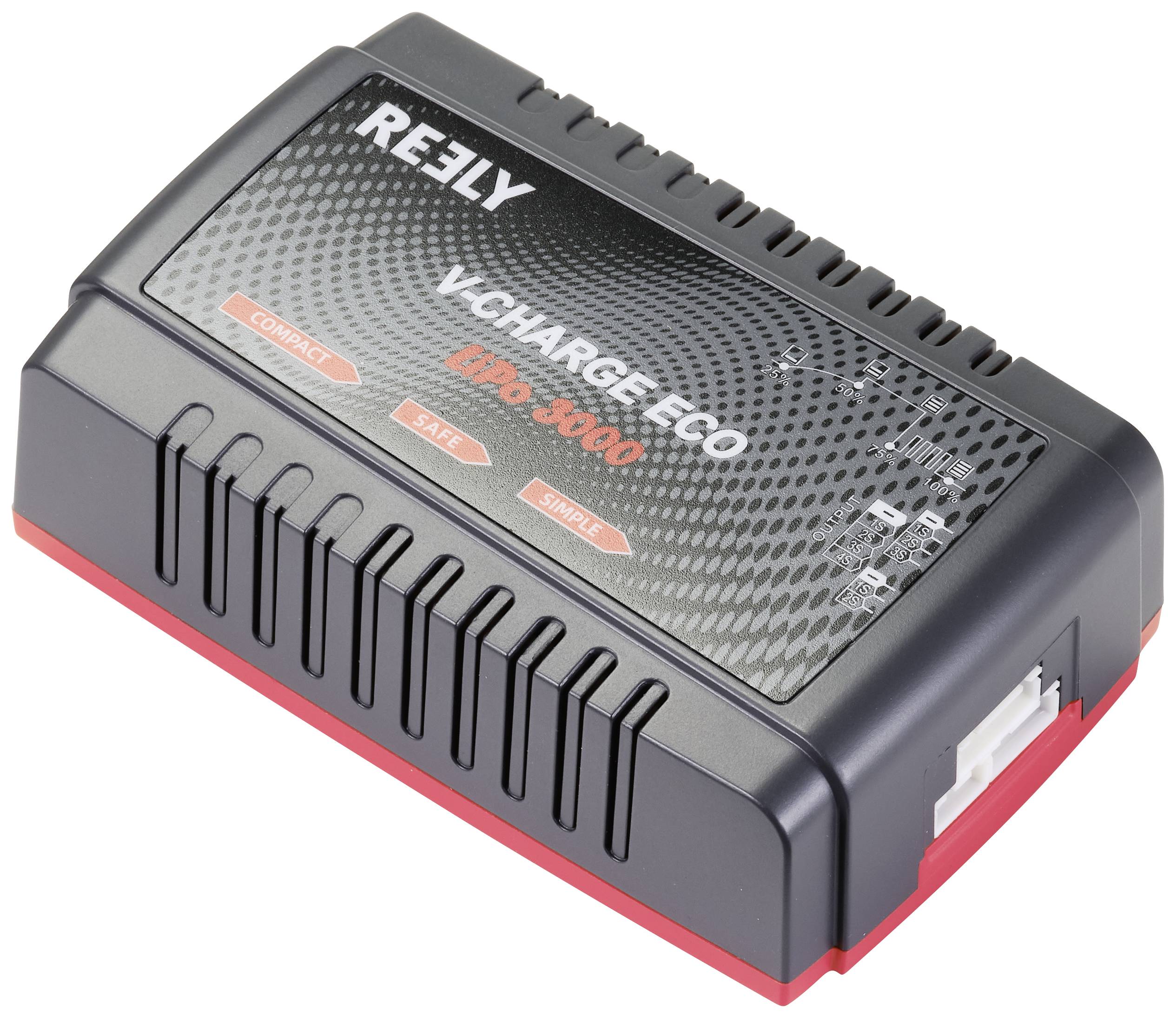 L'image montre un chargeur Reely V-Charge Eco Lipo-3000, compact et conçu dans un style noir et rouge.