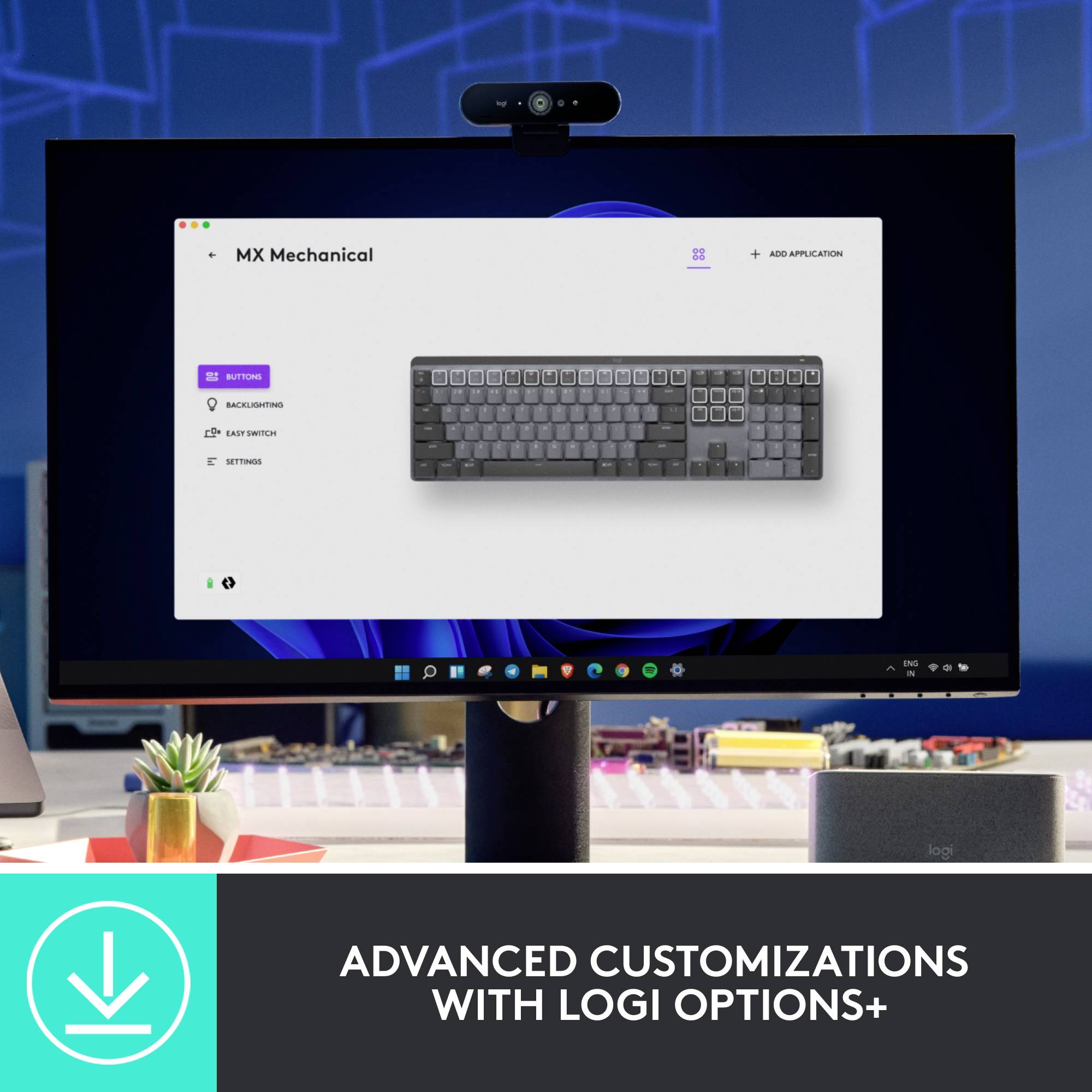 Un écran d'ordinateur affiche le clavier MX Mechanical avec le logiciel 'Logi Options+' pour une personnalisation avancée.