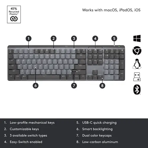 Logitech MX Mechanical (Tacticle Quiet) Bluetooth, radio Clavier allemand, QWERTZ graphite câble amovible, éclairé, rechargeable Logitech MX Mechanical (Tacticle Quiet) Bluetooth, radio Clavier allemand, QWERTZ graphite câble amovible, éclairé, rechargeable