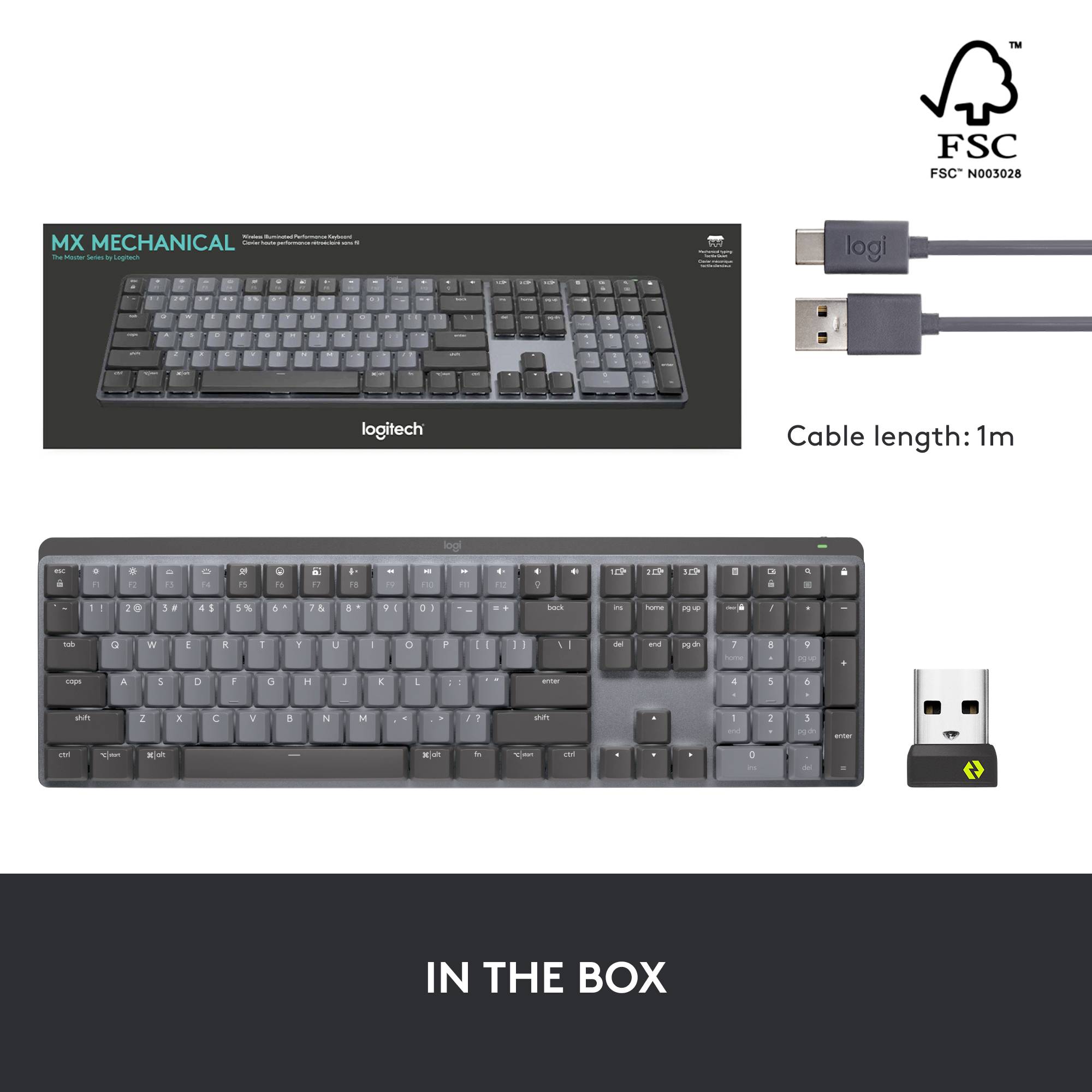 Clavier Logitech MX Mechanical, disposition QWERTZ, sans fil, avec câble USB et adaptateur. Longueur du câble : 1 m. Couleur : Gris foncé.